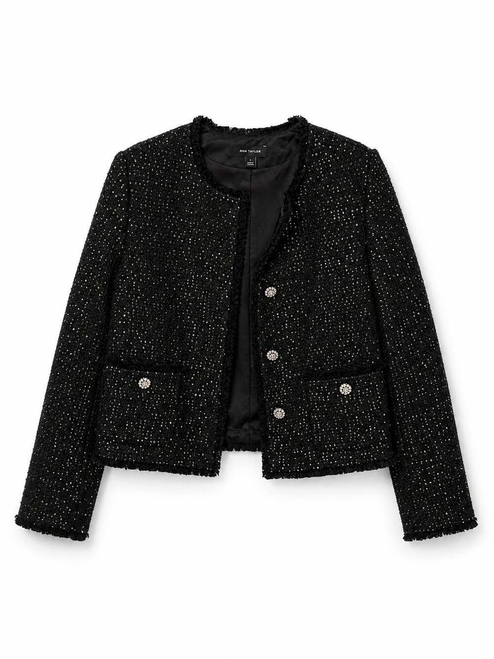 Ann Taylor Black Tweed Sequined Jacket with Rhinestone Buttons